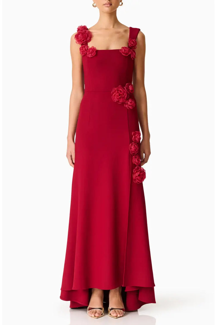 Red sleeveless high-low gown with floral embellishments on shoulders and side — Elliatt | Endless UAE