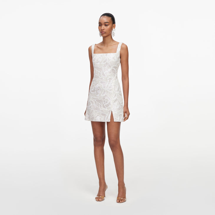 White sequin lace mini dress with square neckline and side slit — Self portrait | Endless UAE