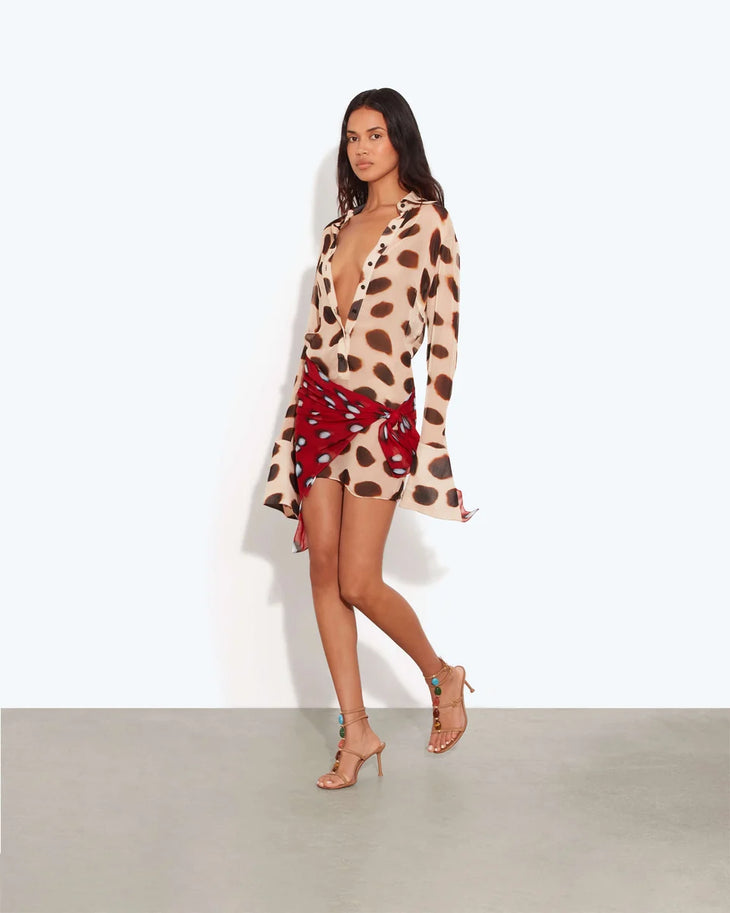 Nilah Shirt Dress Animal in beige with brown polka dots and red polka dot wrap detail — Rat & Boa | Endless UAE