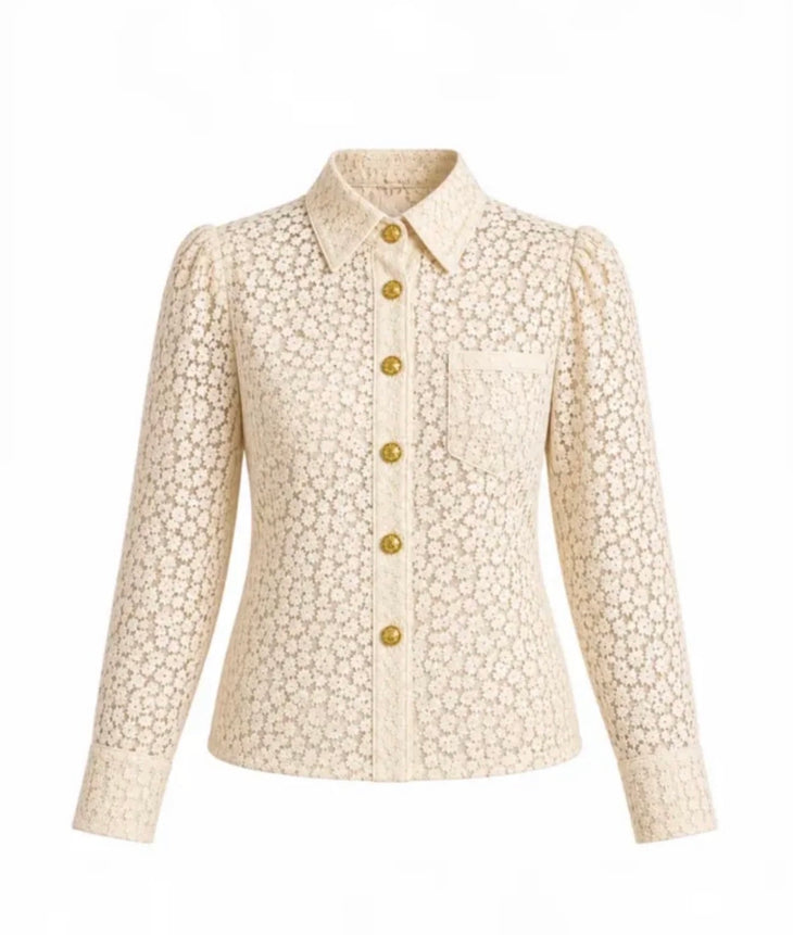 Cream lace shirt with gold buttons and puffed sleeves — Baicoz | Endless UAE