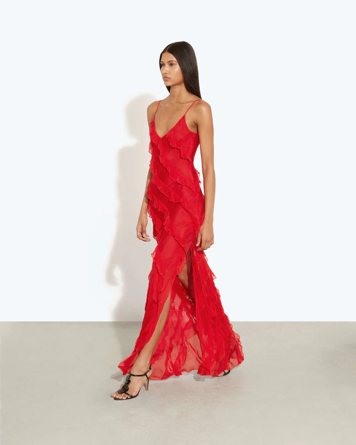 Red ruffled maxi dress with thin straps and V-neckline — Rat & Boa | Endless UAE