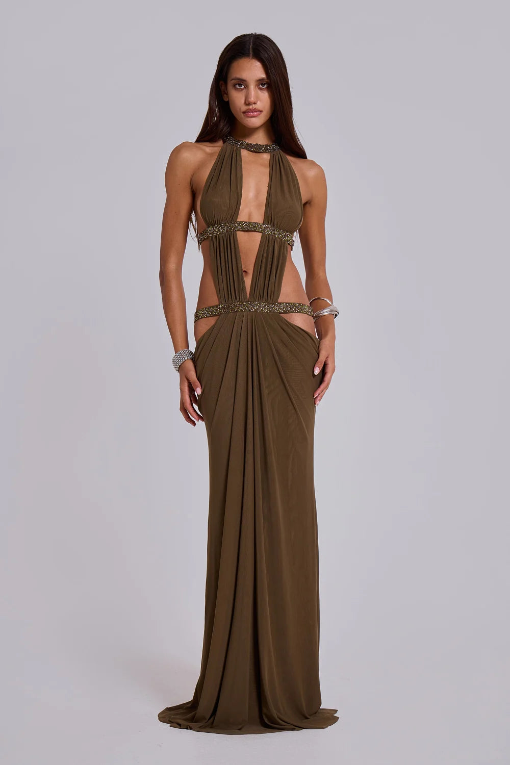 6AM Cut Out Maxi Dress in Moss with embellished straps — Jaded London | Endless UAE