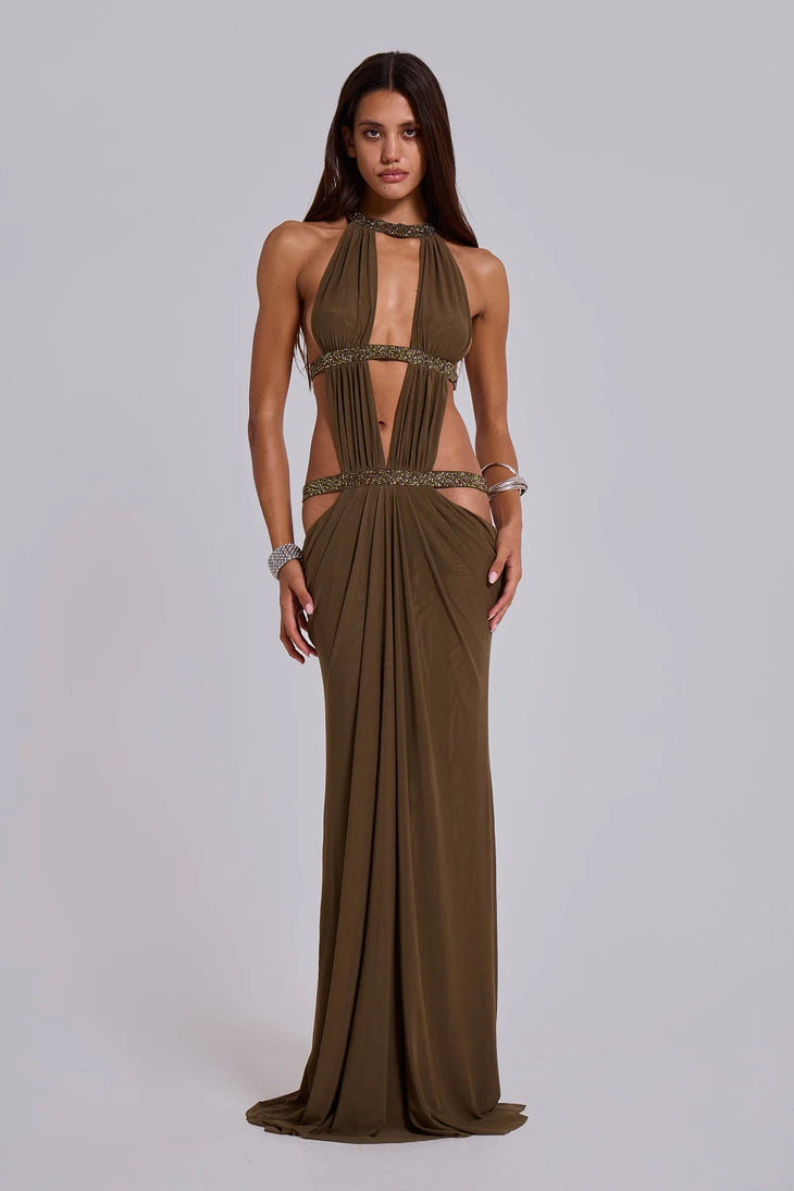 6AM Cut Out Maxi Dress in Moss with embellished straps — Jaded London | Endless UAE