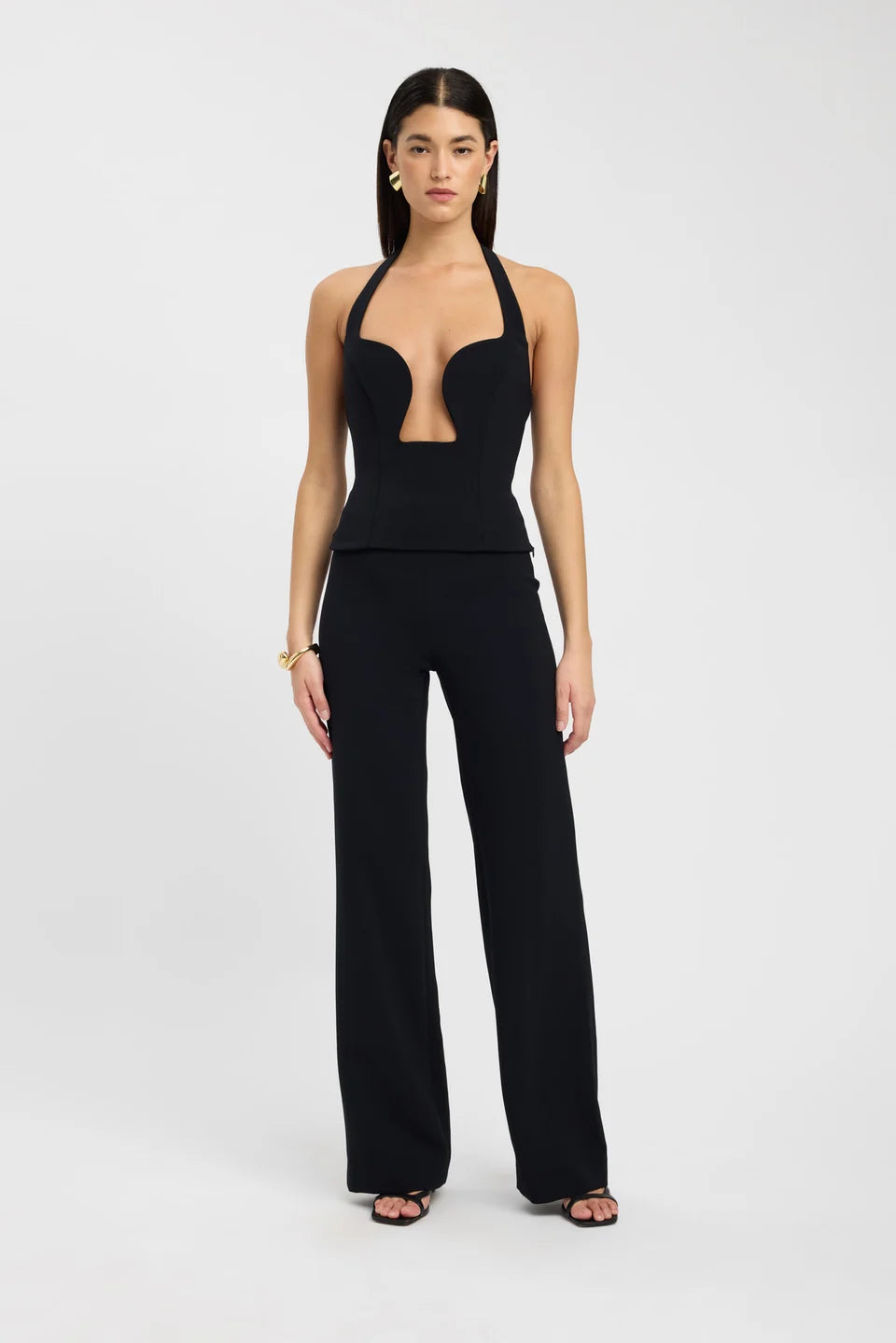 Black halter neck co-ord set with plunging neckline and wide-leg trousers — Kookai | Endless UAE