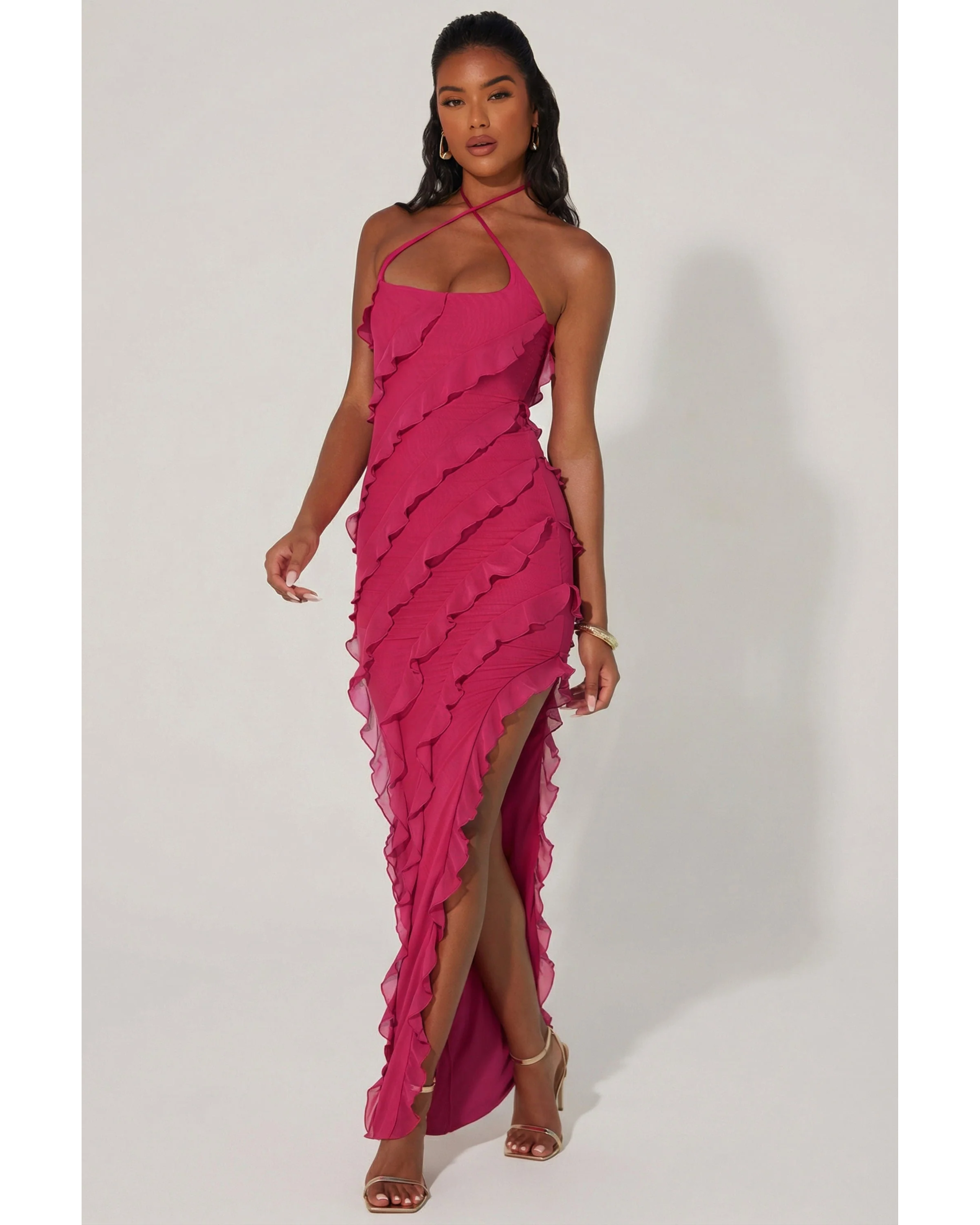 Hot pink ruffle halter maxi dress with asymmetrical hem and cross strap detail — Oh Polly | Endless UAE