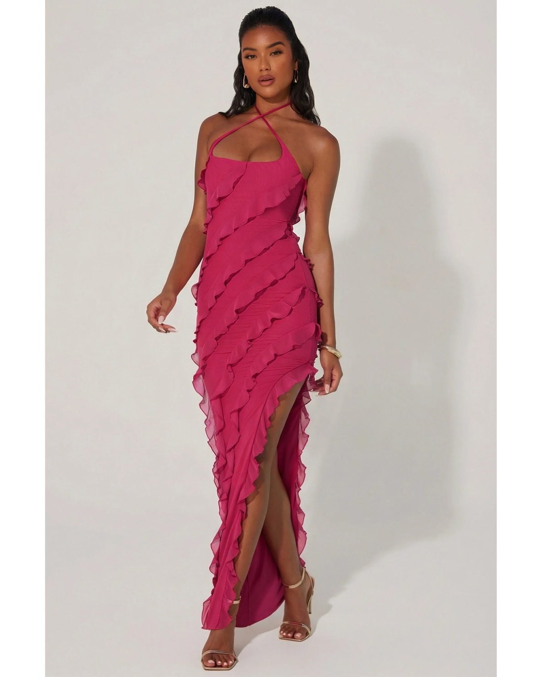 Hot pink ruffle halter maxi dress with asymmetrical hem and cross strap detail — Oh Polly | Endless UAE