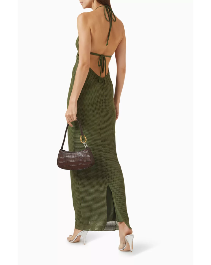 Olive green crochet halter maxi dress with cutout detail and tortoiseshell ring accent — Montce | Endless UAE