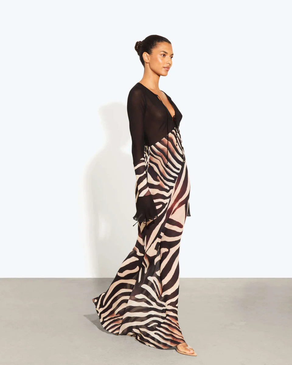 Sabine Dress in zebra print with long sheer sleeves and deep V-neckline — Rat & Boa | Endless UAE
