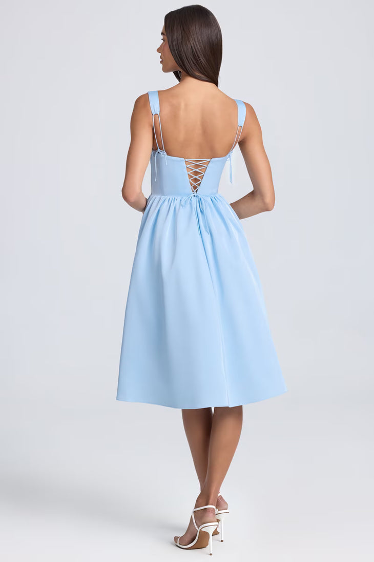 Light blue draped corset midaxi dress with open back and white strappy heels — Oh Polly | Endless UAE