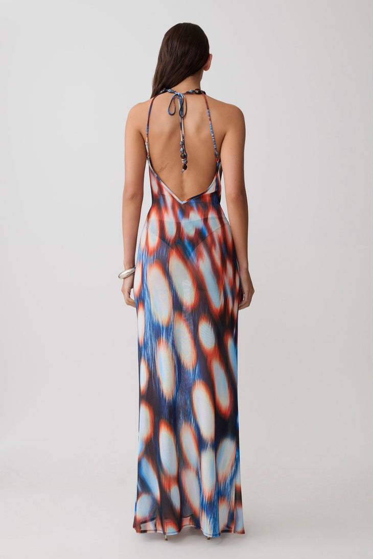 Woman wearing blue, red and white mesh cowl plunge maxi dress with beaded neckline — Meshki | Endless UAE