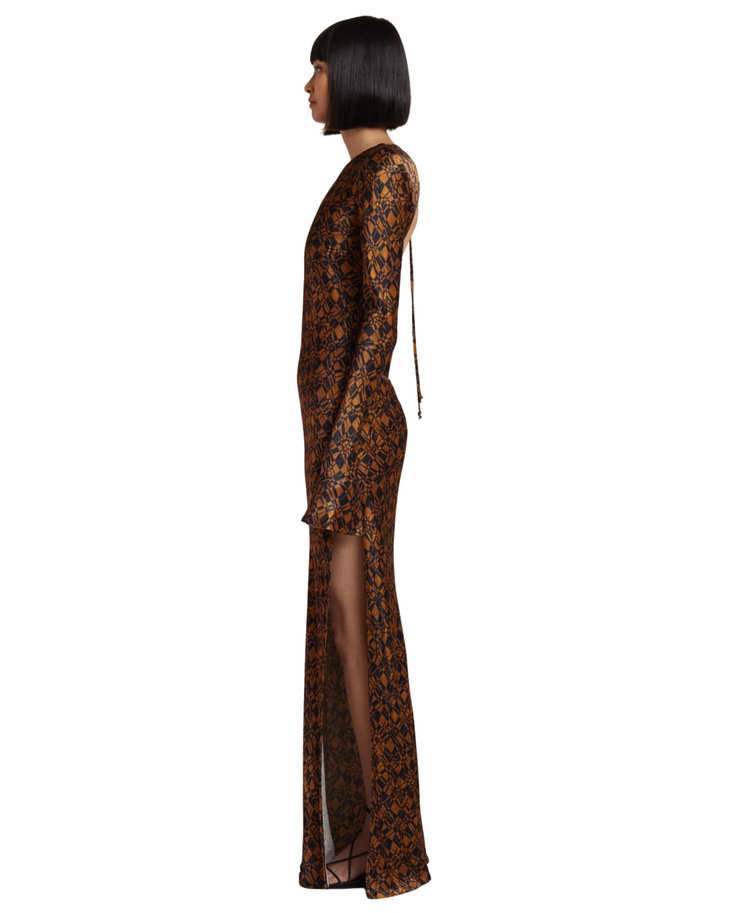 Bronze floral lace maxi dress with long sleeves and high slit — Bec + Bridge | Endless UAE