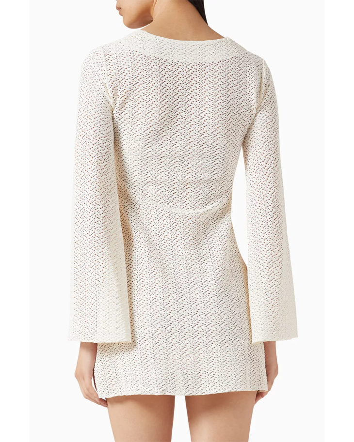 Cream crochet mini dress with long sleeves and ring detail cutout — Monday Swimwear | Endless UAE