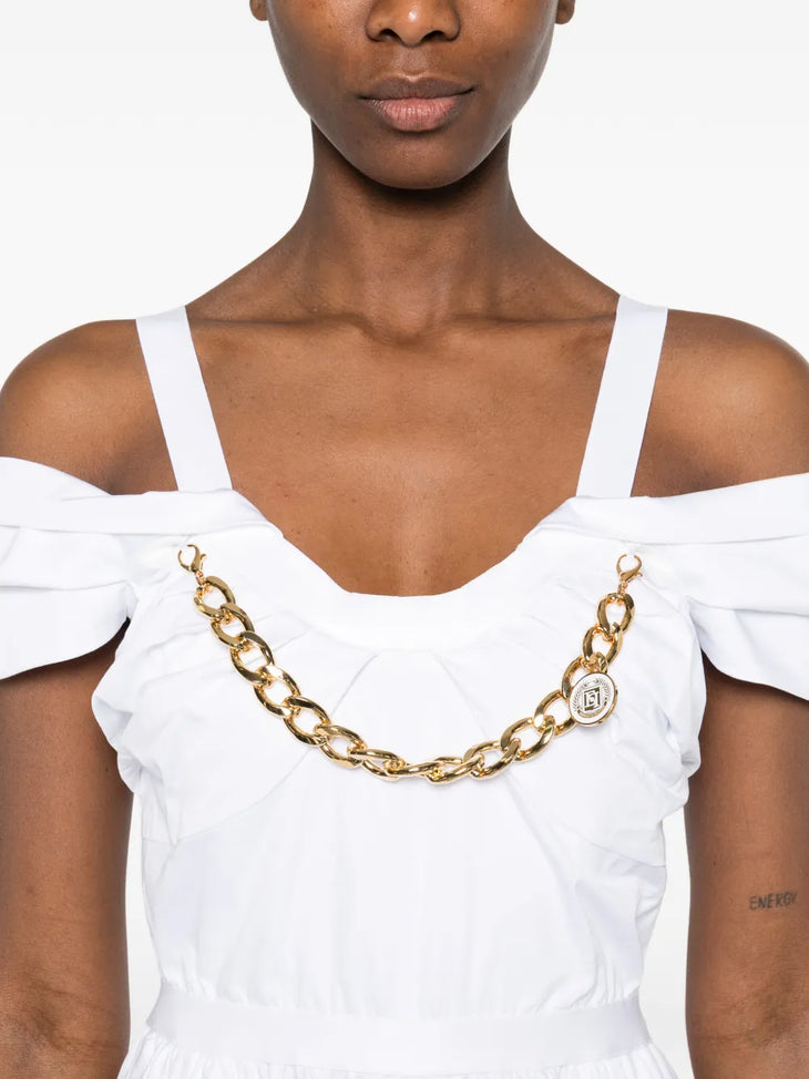 White stretch cotton dress with cold-shoulder sleeves and open back — Elisabetta Franchi | Endless UAE