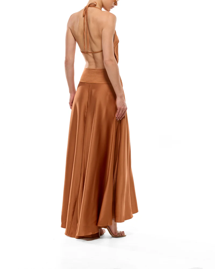 Amadine Deep V Plunge Dress in terracotta — Runaway The Label | Endless UAE