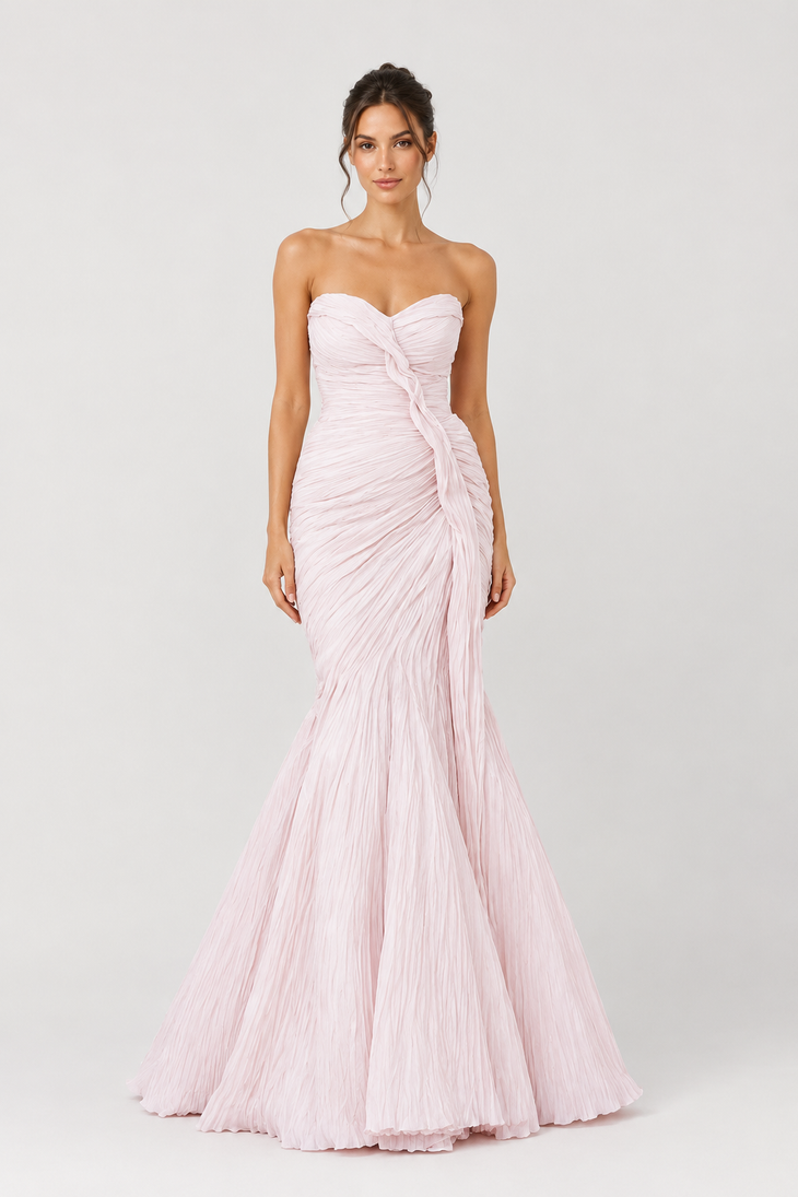 Blush pink strapless mermaid gown with ruched bodice and sweeping train — Marmar Halim | Endless UAE