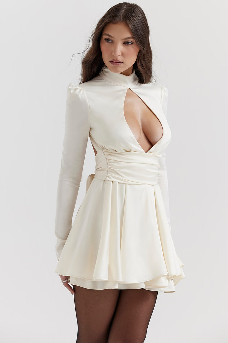 Cream wrap mini dress with long sleeves and teardrop cutout back detail — House of CB | Endless UAE