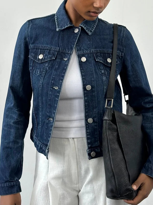 Classic mid-wash denim jacket with silver buttons and chest pockets — Armani Exchange | Endless UAE
