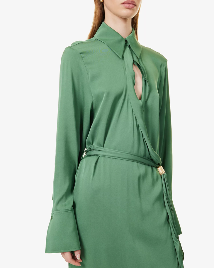 Woman wearing sage green silk-blend maxi dress with collar and tie detail — Camilla And Marc | Endless UAE