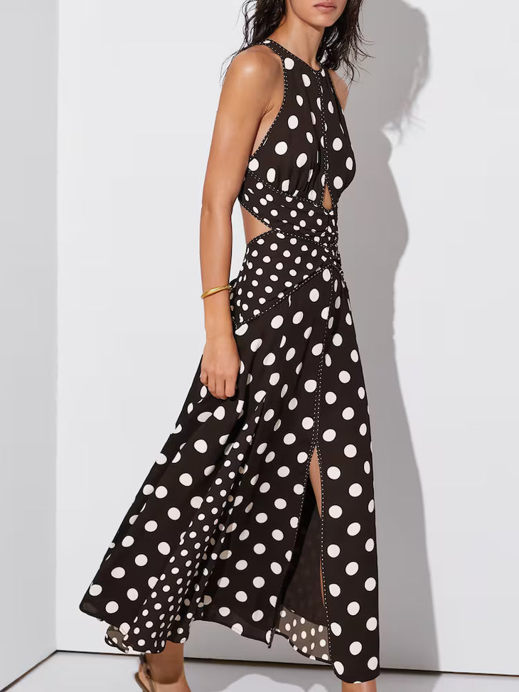 Black and white polka-dot sleeveless midi dress with cut-out waist detail — Reiss | Endless UAE