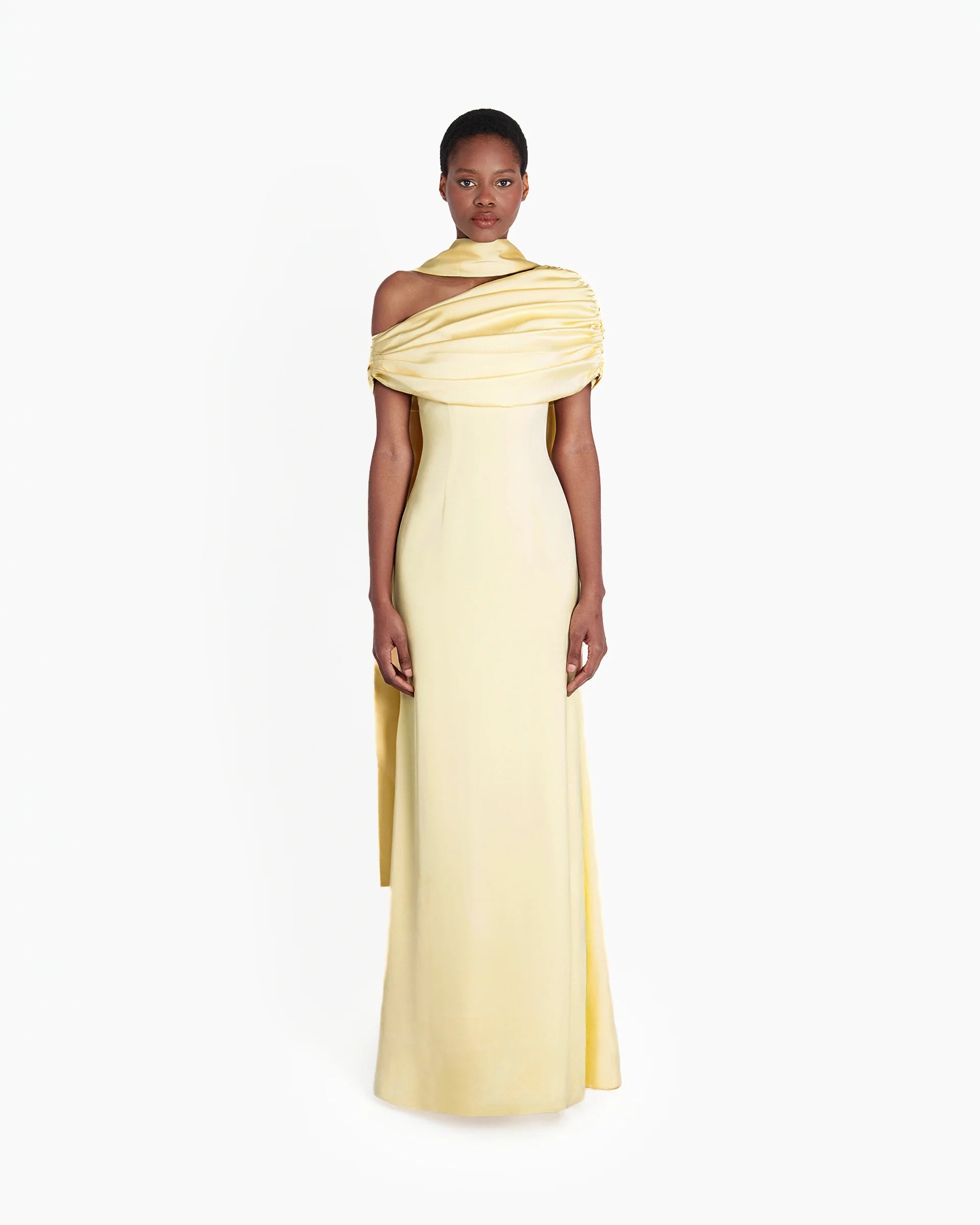 Kiris Dress in pale yellow with ruched shoulder draping and flowing silhouette — Khanum's | Endless UAE