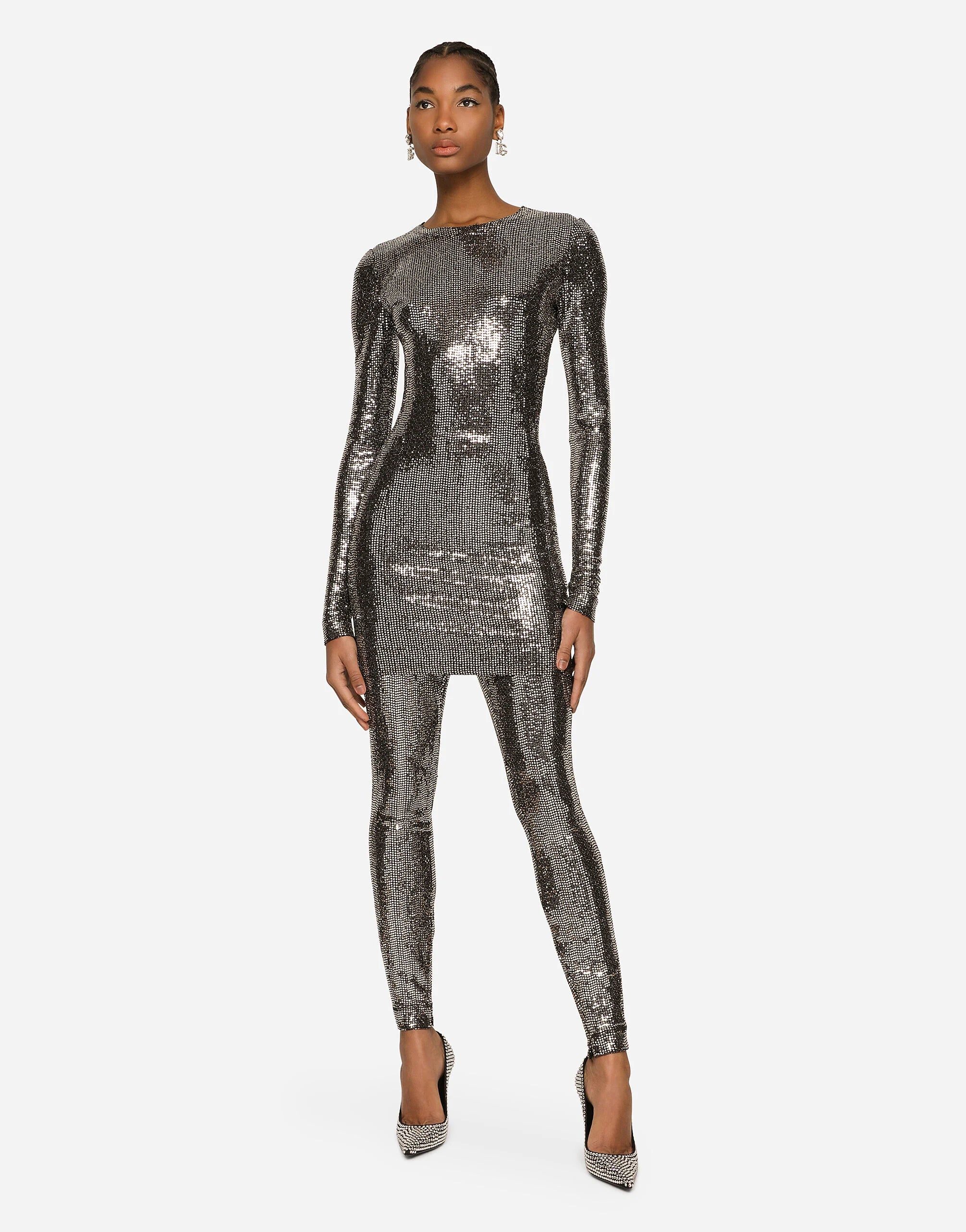 Woman wearing sequin-embellished long sleeve midi dress in charcoal — Dolce&Gabanna | Endless UAE