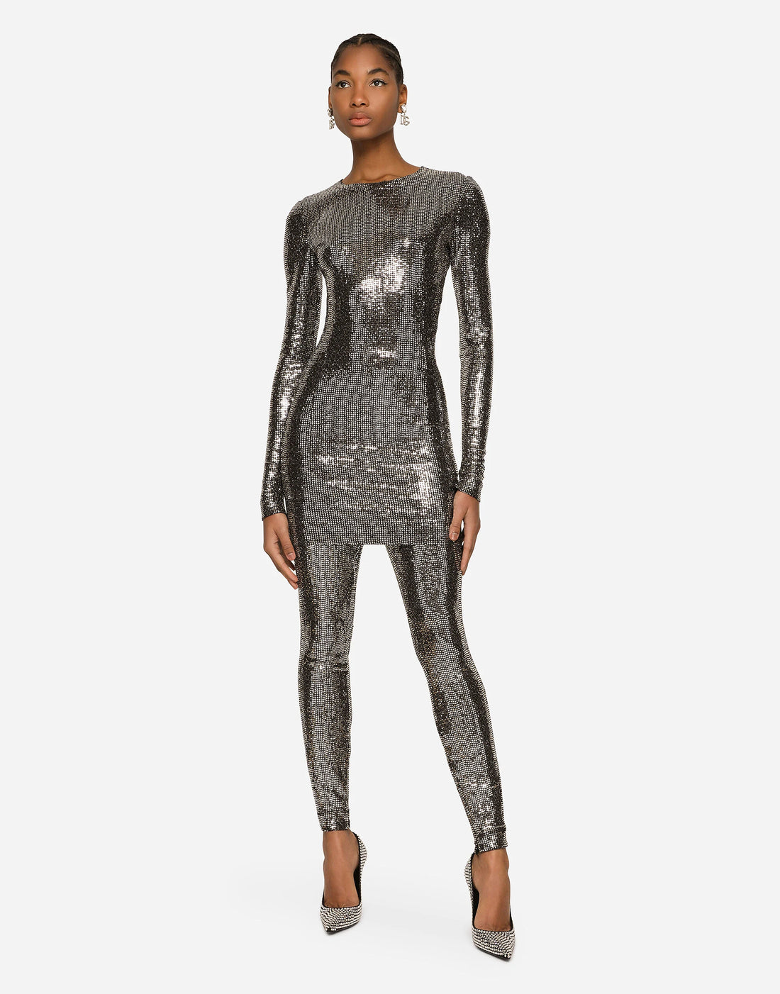 Woman wearing sequin-embellished long sleeve midi dress in charcoal — Dolce&Gabanna | Endless UAE