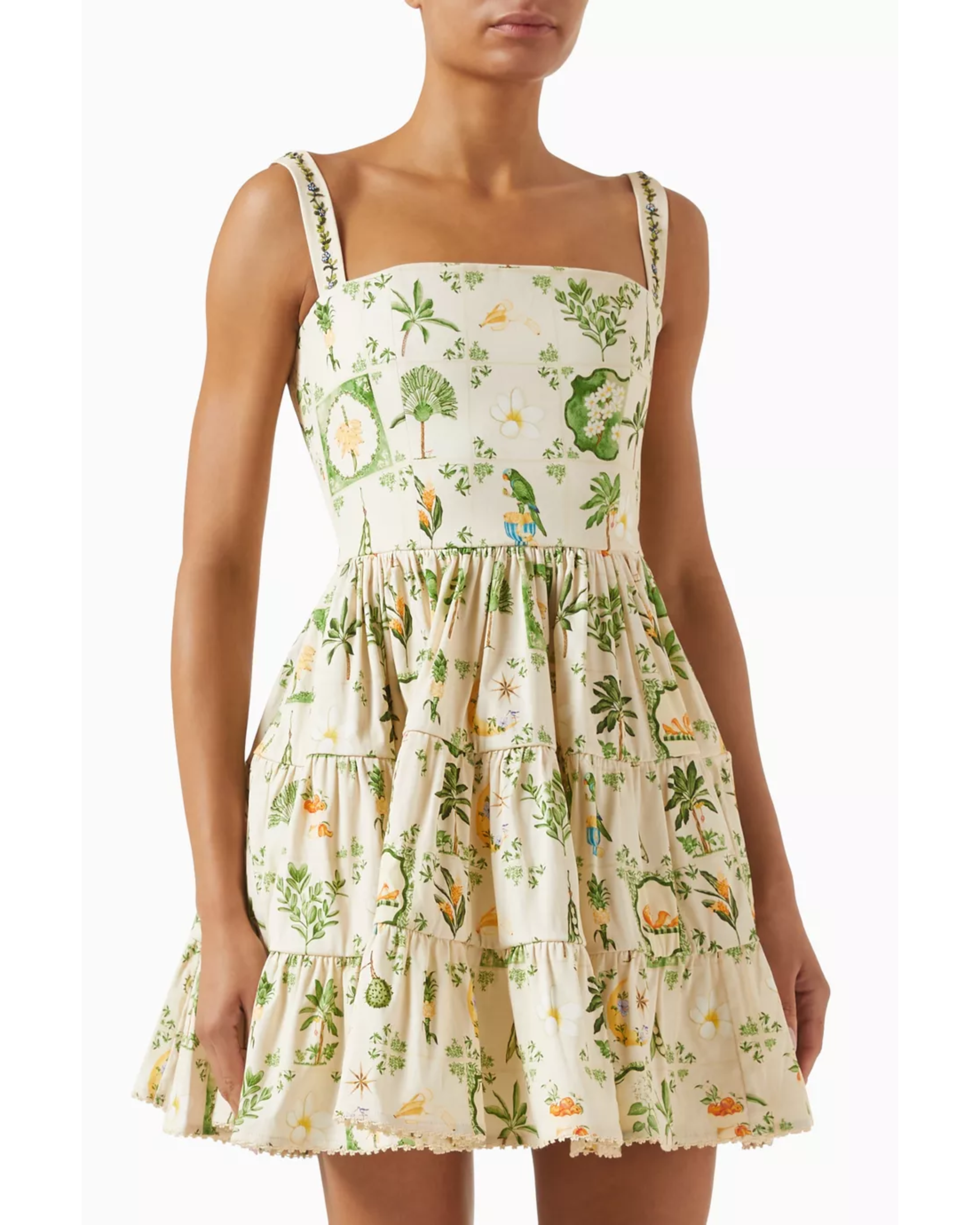 Lima wild dress in cream with botanical print and tiered skirt — Agua by Agua Bendita | Endless UAE