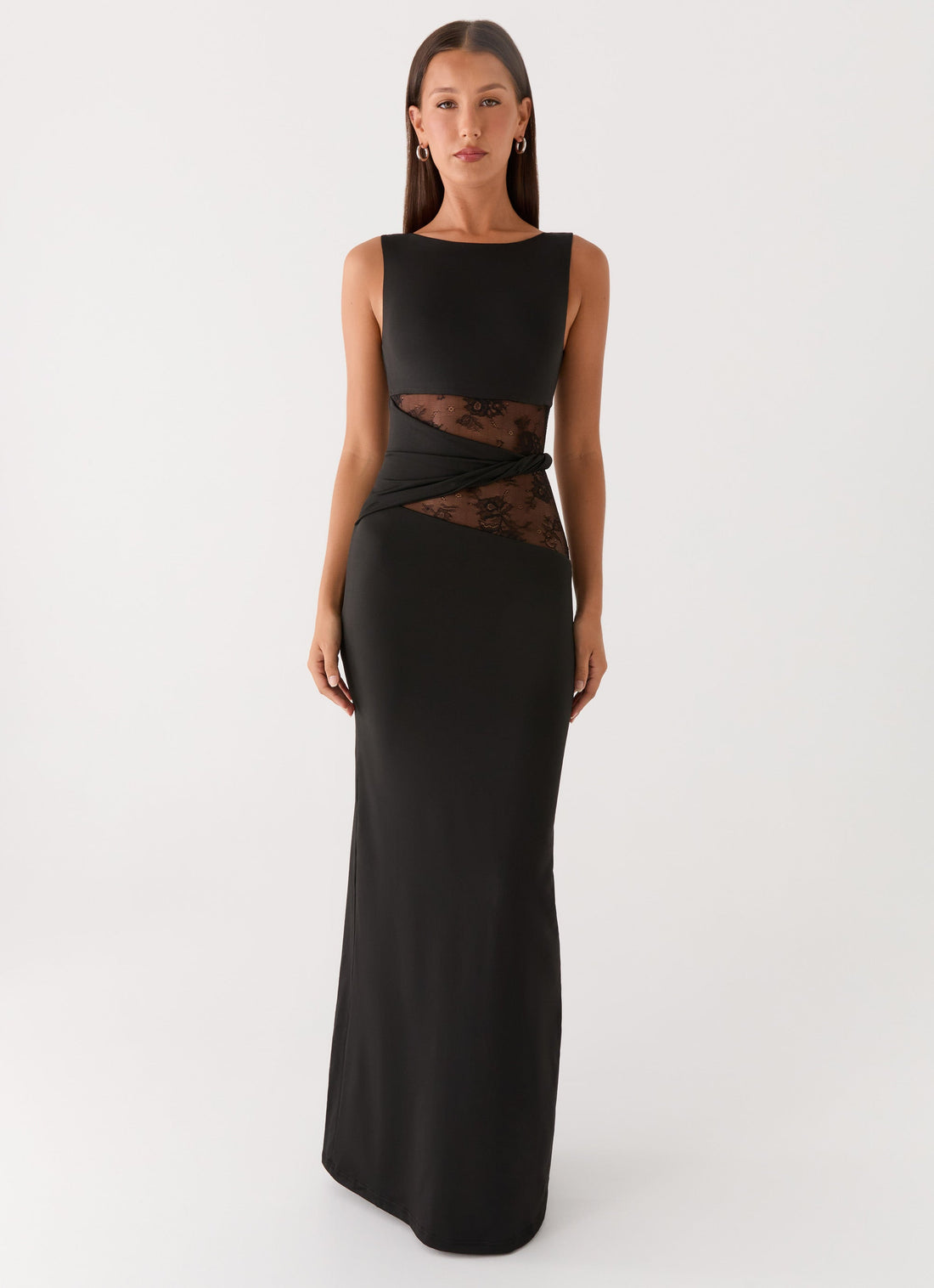 Black sleeveless maxi dress with sheer lace waist detail — Peppermayo | Endless UAE