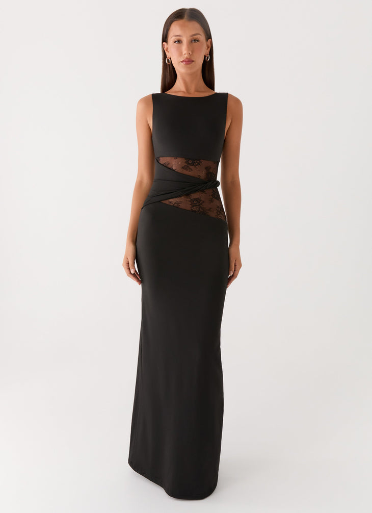 Black sleeveless maxi dress with sheer lace waist detail — Peppermayo | Endless UAE