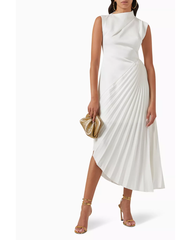 White asymmetrical pleated midi dress with gold accessories — Chats By C.Dam | Endless UAE