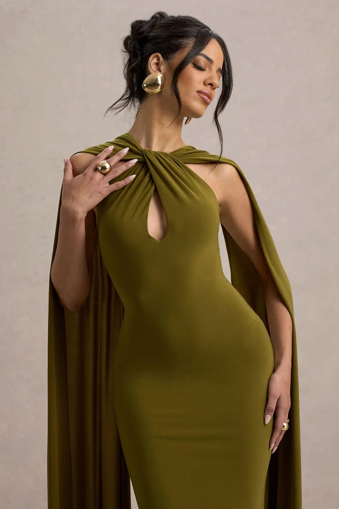 Olive green halter-neck cape maxi dress with twisted neckline detail — Club L London | Endless UAE