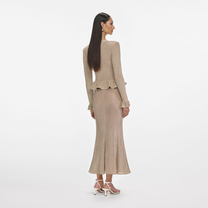 Gold Lurex Peplum Knit Midi Dress with V-neckline and ruffled waist detail — Self-Portrait | Endless UAE