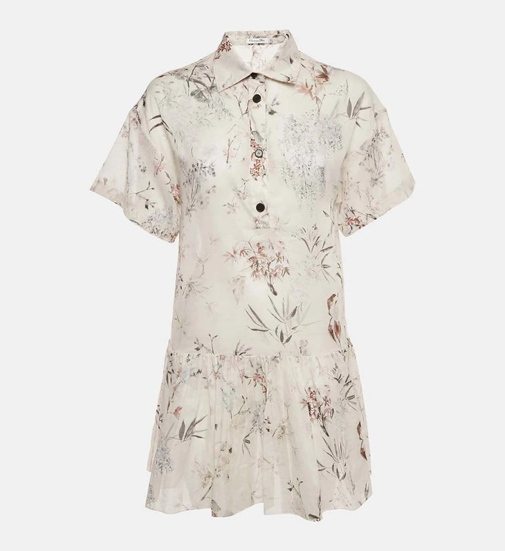 Cream floral print cotton mini dress with short sleeves and tiered skirt — Dior | Endless UAE