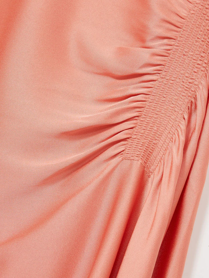 Coral satin sleeveless midi dress with ruched side detail and asymmetrical hem — Reiss | Endless UAE