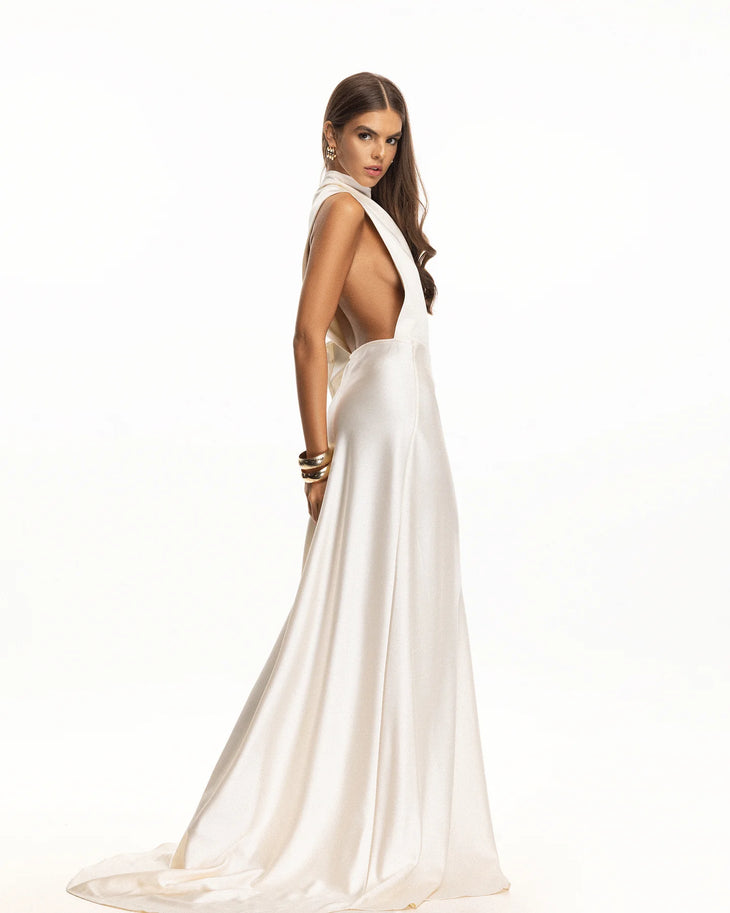 Cannes Pearl Dress in cream with open back and flowing train — Matters World | Endless UAE