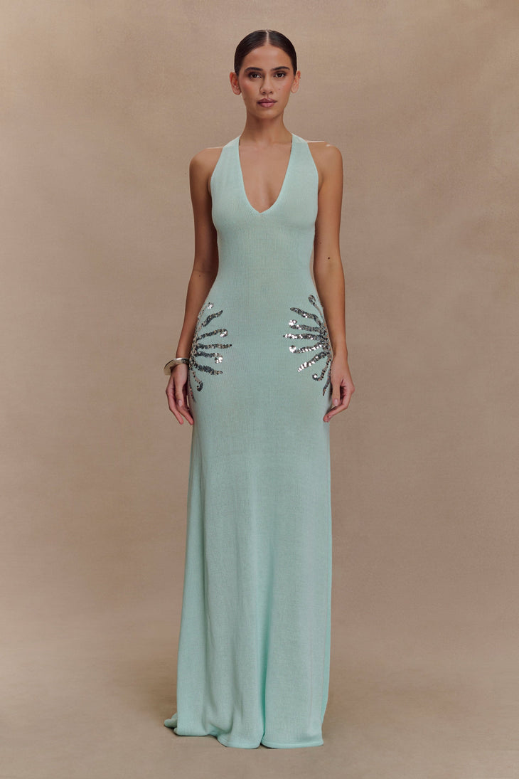 Light blue ribbed knit maxi dress with beaded leaf embellishments — Meshki | Endless UAE