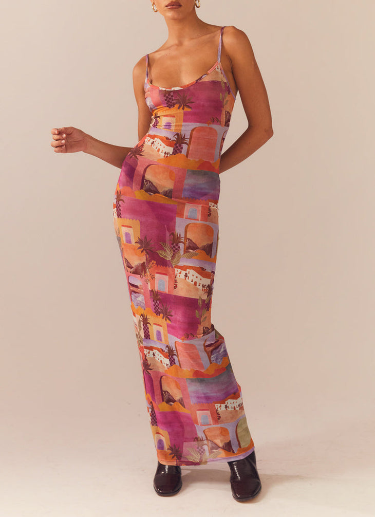 Dreams Of The Desert Dress in vibrant orange and pink tones with architectural patterns — Peppermayo | Endless UAE