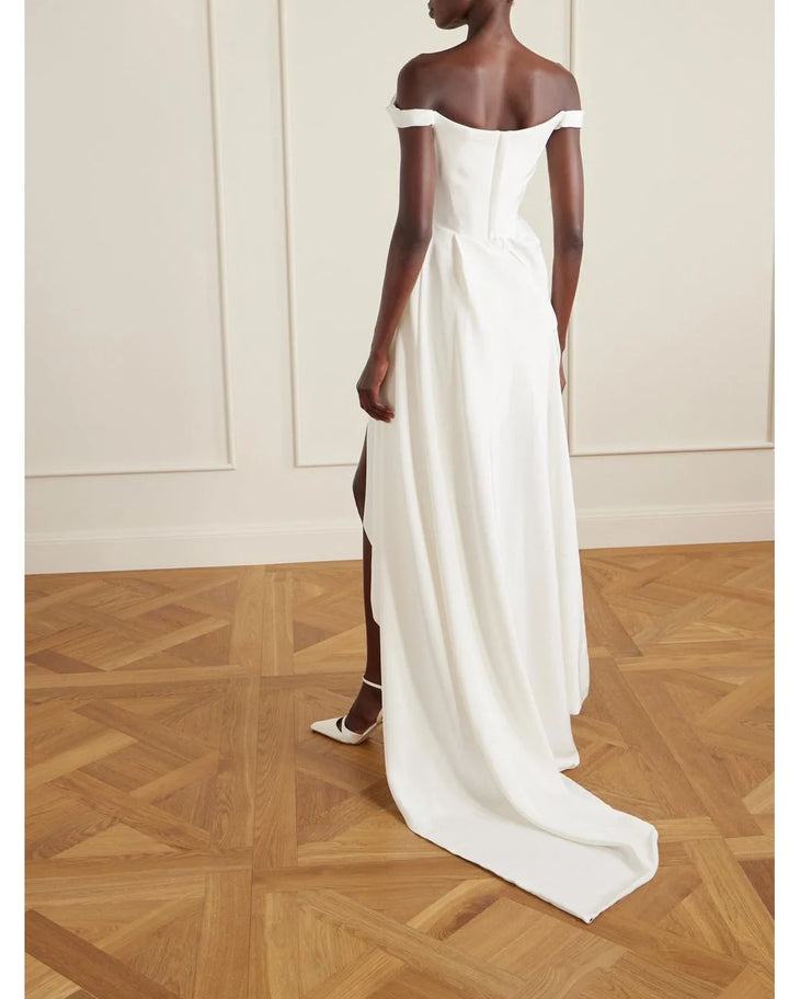 White asymmetric draped silk-cady mini dress with off-shoulder neckline — Vivienne Westwood | Endless UAE