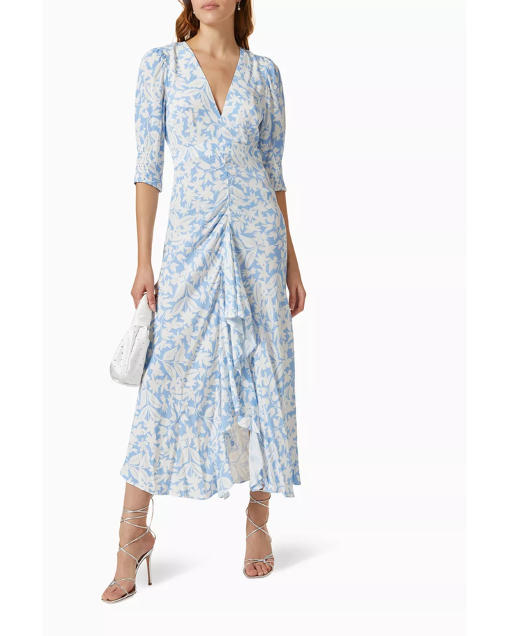 Blue floral print wrap midi dress with three-quarter sleeves — Rixo | Endless UAE