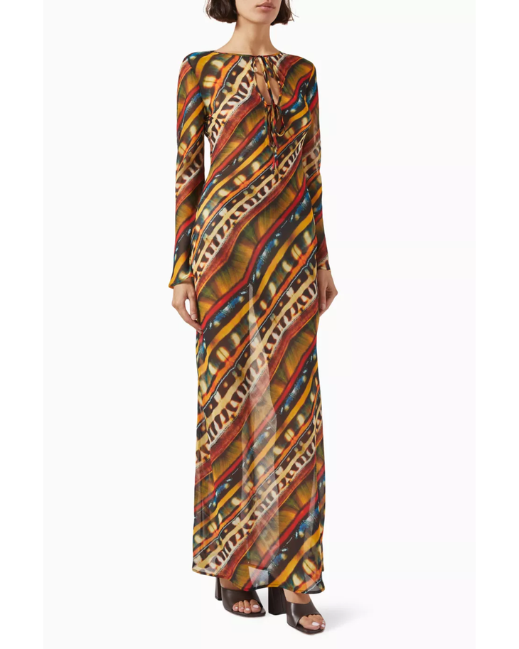 Magy Printed Maxi Dress in vibrant diagonal stripes with long sleeves and keyhole neckline — Siedres | Endless UAE