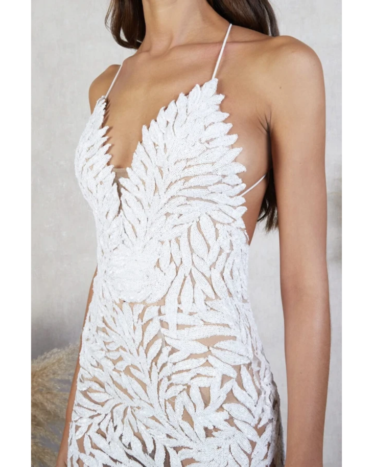 White beaded leaf-patterned plunge neck dress with spaghetti straps — Nadine Merabi | Endless UAE