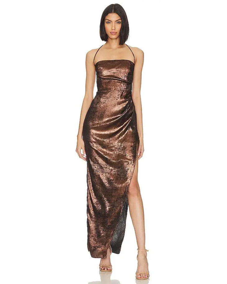Bronze sequined halter maxi dress with side slit and draped detailing — Rumer | Endless UAE