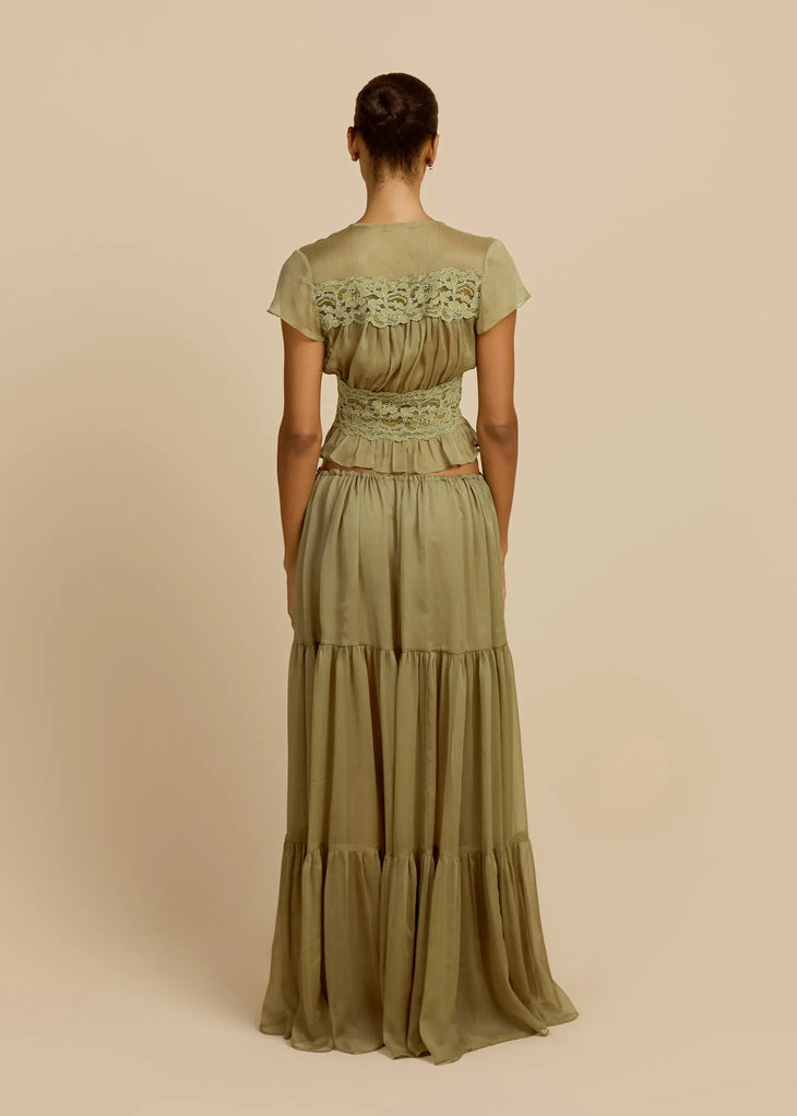 Sabrina Skirt in sage green with tiered ruffles and drawstring waist — Arcina Ori | Endless UAE