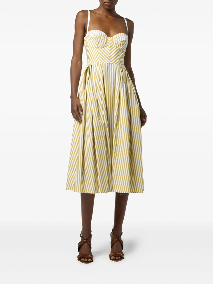 Yellow and white striped midi dress with sweetheart neckline — Elisabetta Franchi | Endless UAE