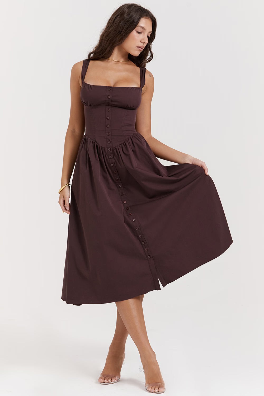 Woman wearing chocolate brown button-front midi sundress with square neckline — House of CB | Endless UAE