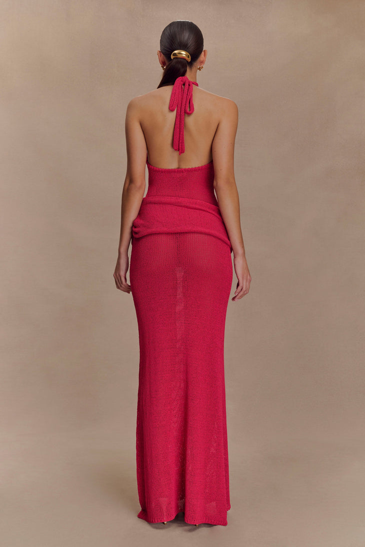 Hot pink halter knit maxi dress with draped side detail — Meshki | Endless UAE