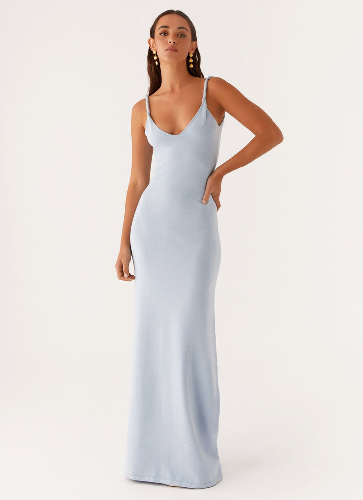 Light blue sleeveless maxi dress with V-neckline on model — Peppermayo | Endless UAE