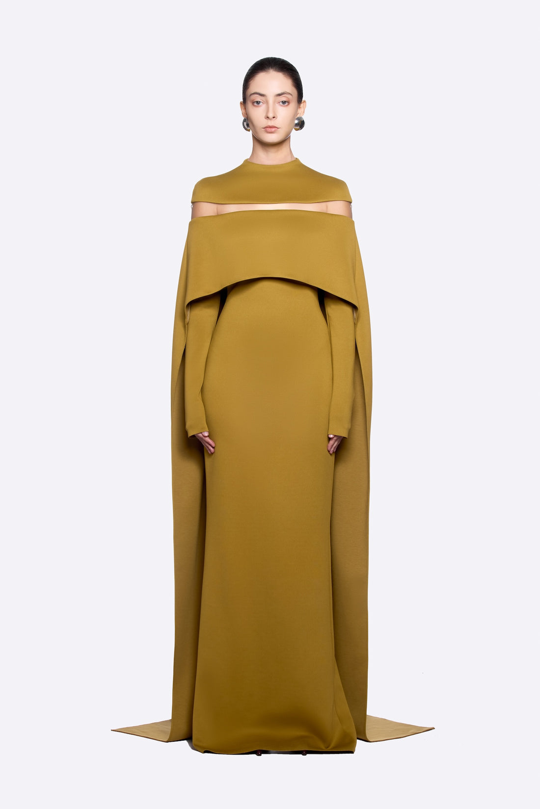 Nehru Dress in golden olive with draped cape overlay and cutout detail — Chats By C.Dam | Endless UAE