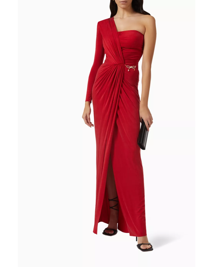 Red draped one-shoulder gown with long sleeve and embellished waist — Elisabetta Franchi | Endless UAE