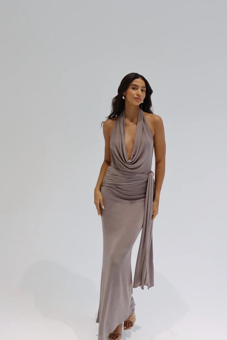 Valeria Gown Charcoal backless maxi dress with draped skirt detail — By Alle | Endless UAE